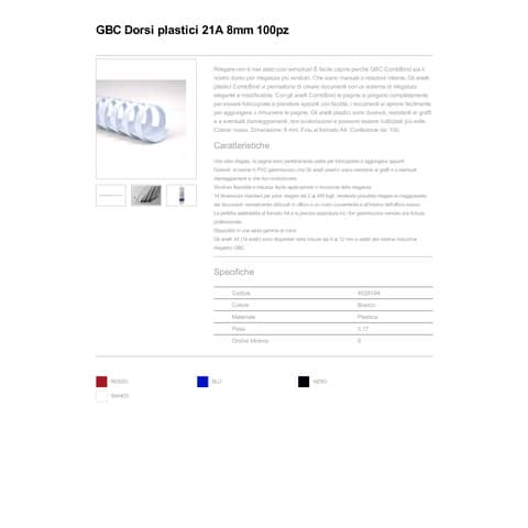 Dorsi plastici a 21 anelli GBC CombBind 8 mm A4 bianco - fino a 45 fogli conf da 100 dorsi - 4028194